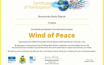 Stigao certifikat za sudjelovanje Ekonomske škole Šibenik u projektu Wind of Peace